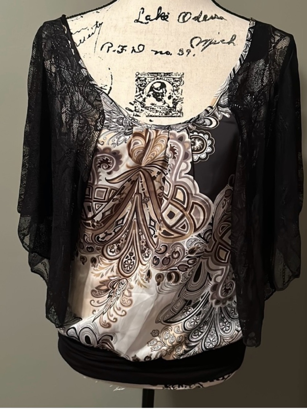 Arden B Black Lace Overlay Paisley Print Blouse